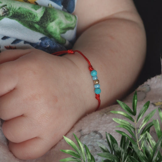 Подарък Гривна За Бебе Или Дете Злато 14К и Синьо Око с Червен Конец