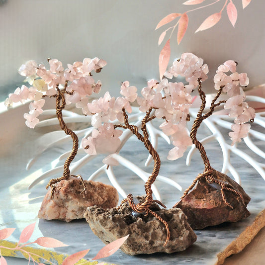Дръвчета с розов кварц, дръвче с камъни розов кварц, дървото на дома, дървото на живота от естествени полускъпоценни камъни розов кварц