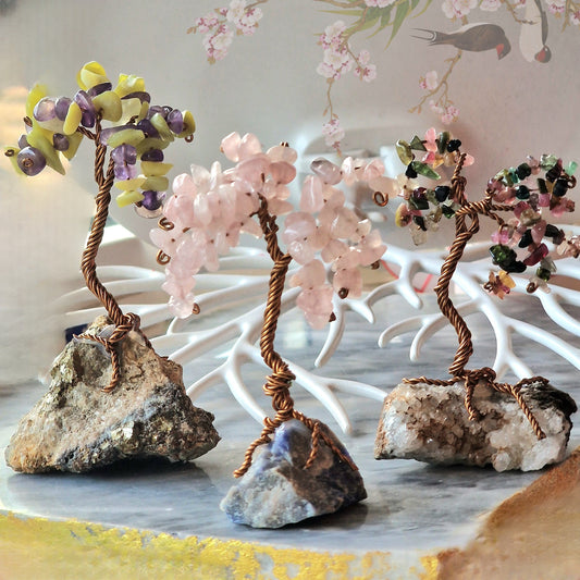 Дръвче с турмалин, дървото на живота от естествени полускъпоценни камъни, дръвчета с аметист, дръвчета с розов кварц