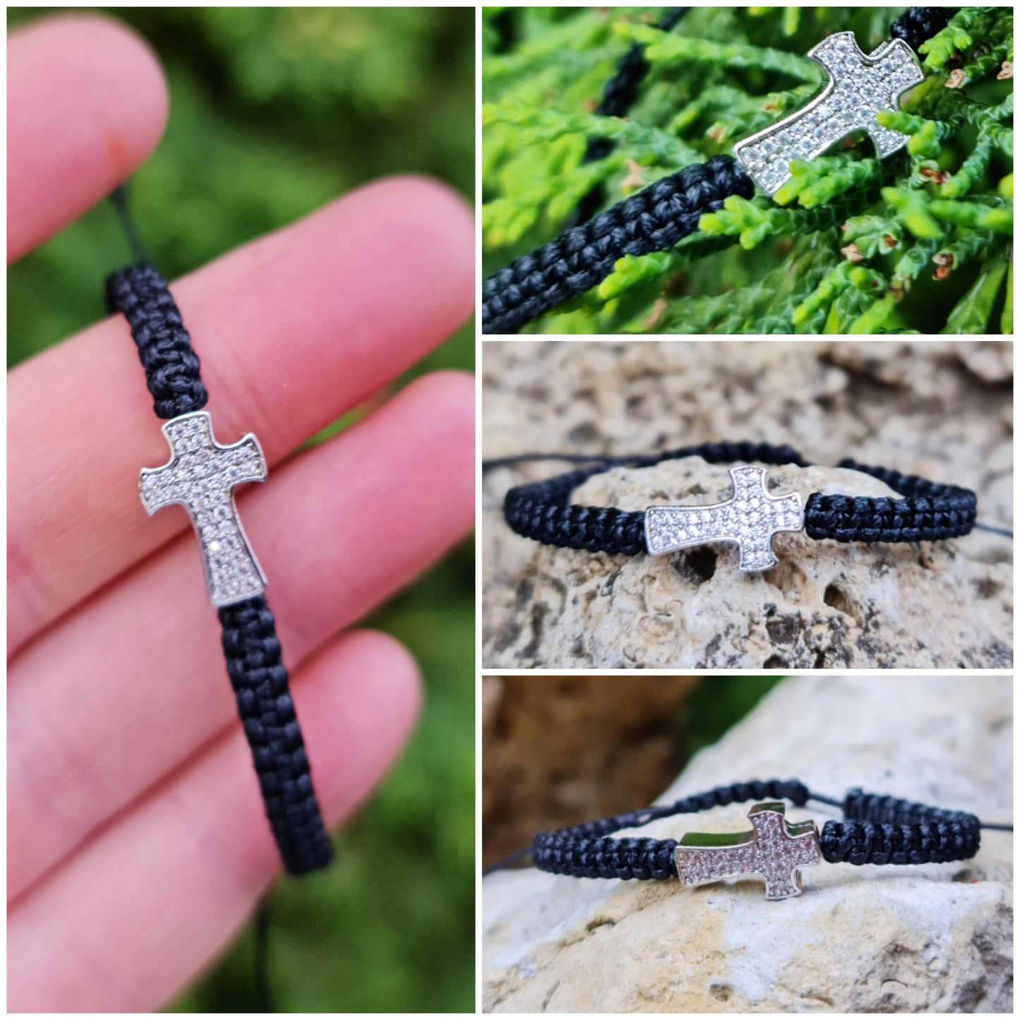 Гривни с черен конец и сребърен кръст, дамски гривни с черен конец и кръстче, мъжки гривни с черен конец, черна гривна, плетени гривни с конци, сребърно кръстче с камъни