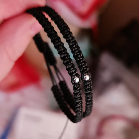 Гривни за Двама, Подарък за Двойка за Нея и Него Комплект Две Гривни с Черен Конец и Сребро 925