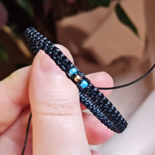 Гривна с Черен Конец и Злато 14К Сини Мъниста Талисман за КЪСМЕТ ВСИЧКИ РАЗМЕРИ