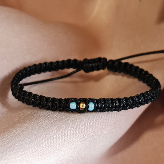 Гривна с Черен Конец и Злато 14К Сини Мъниста Талисман за КЪСМЕТ ВСИЧКИ РАЗМЕРИ