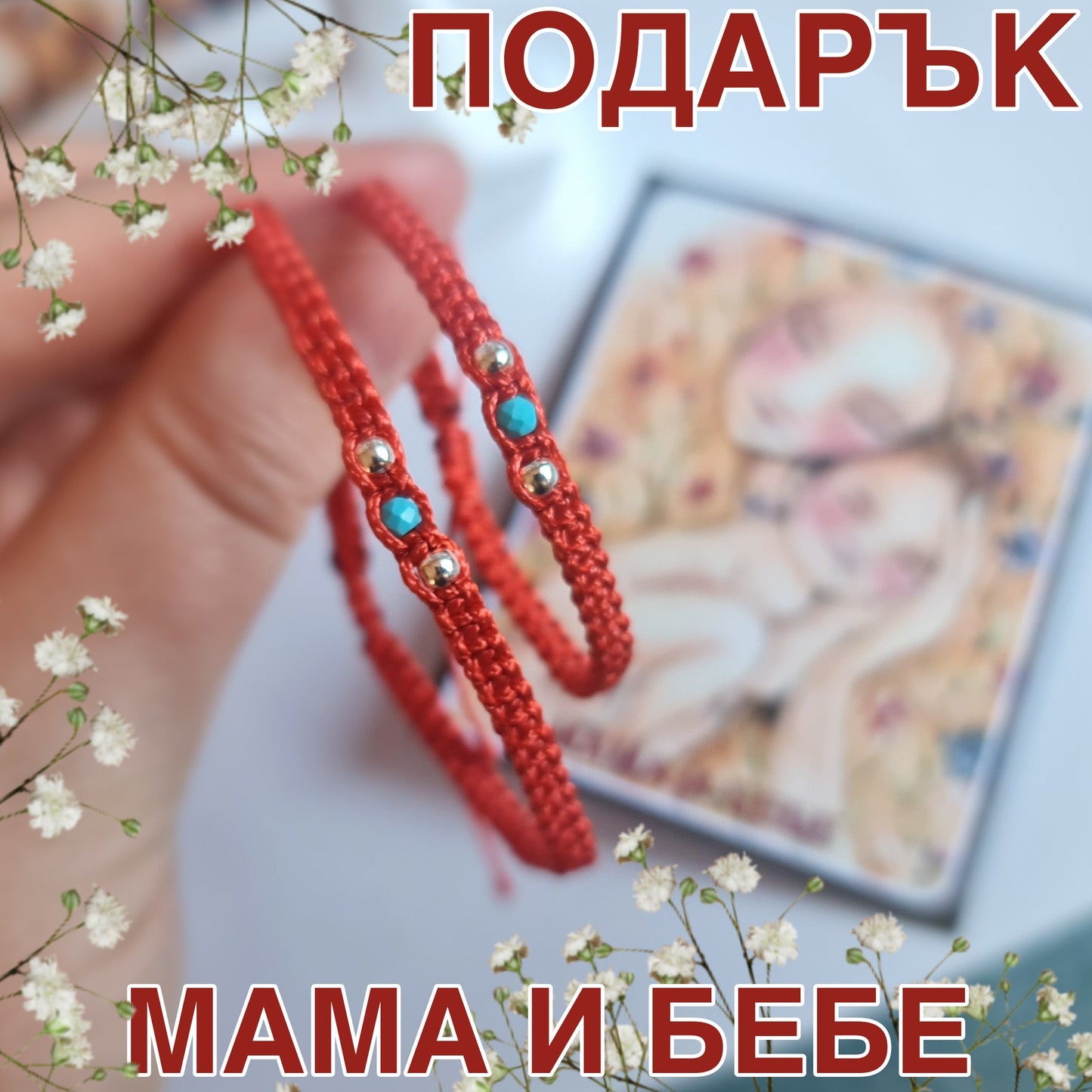Подарък за мама и бебе, подаръци за мамйка и бебе, подарък за новородено бебе и майка, луксозни подаръци за бебе, червен конец синьо камъче за бебе, ръчно изработени подаръци за кръщене, подарък за погача