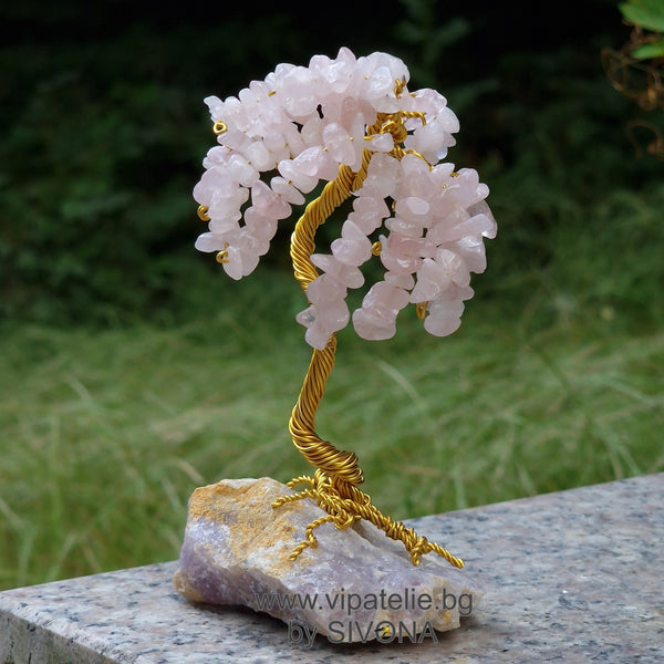 дръвчета с камъни, дръвче с камъни аметист подарък, дървото на живота с камъни, дръвчета от естествени камъни розов кварц