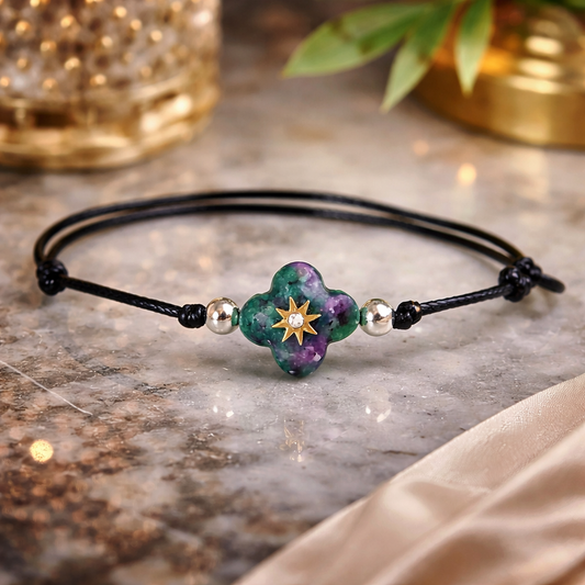 Луксозна гривна  черен конец и сребро 925 и естествен камък рубин зоисит, талисман за късмет и защита 