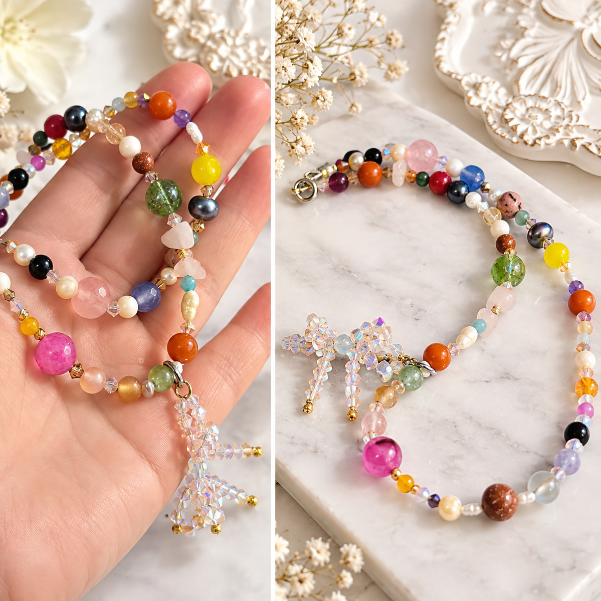 Детско колие за момиче с естествени камъни, перли и кристали Swarovski – SIVONA