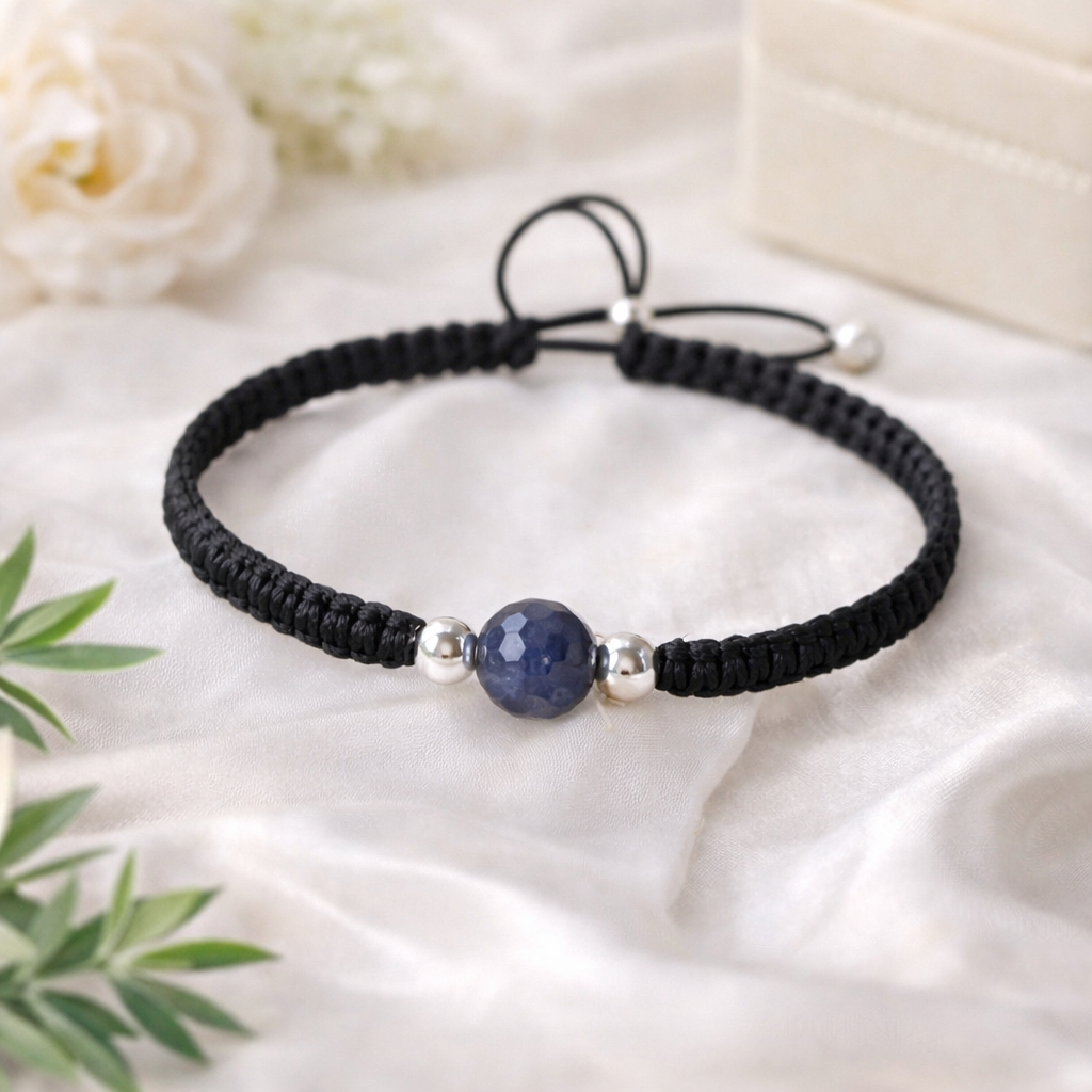 Луксозна гривна с черен конец и скъпоценен камък капфир със сребро 925. Бижу с черен конец и естествен камък