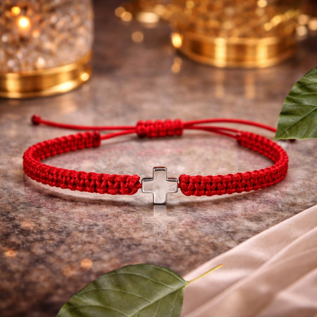 Плетена гривна с червен конец и кръстче от минерал камък хематит