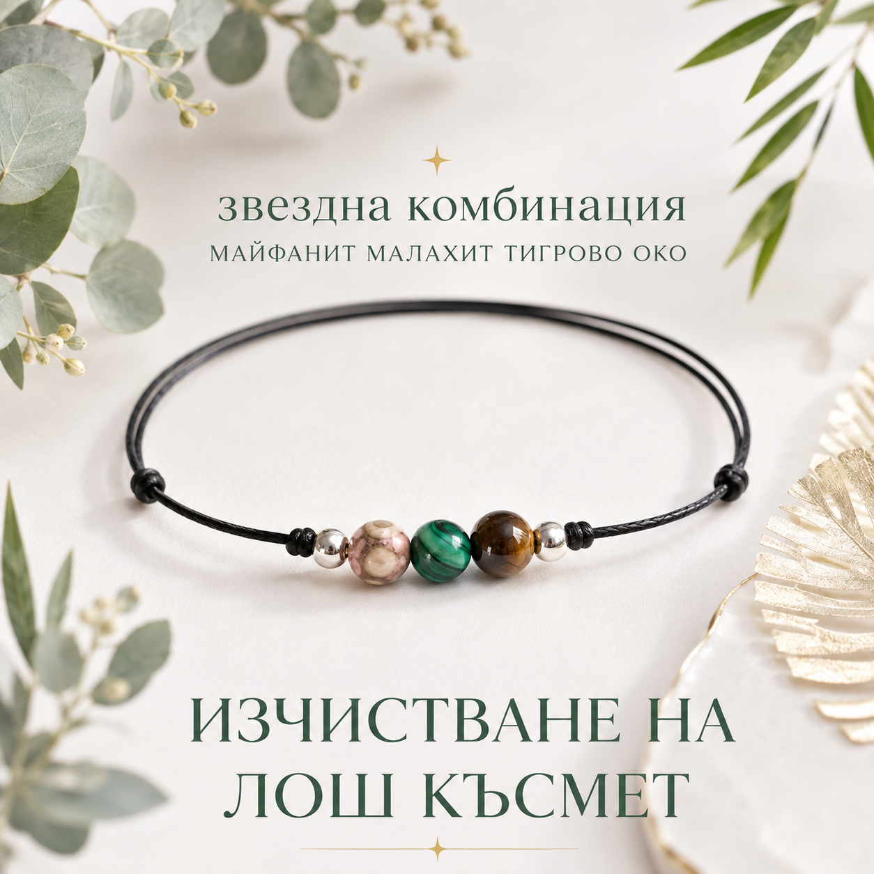 Гривна  черен конец и ср925 и три естествени камъни майфанит, тигрово око и малахит, камъни според зодията за късмет 