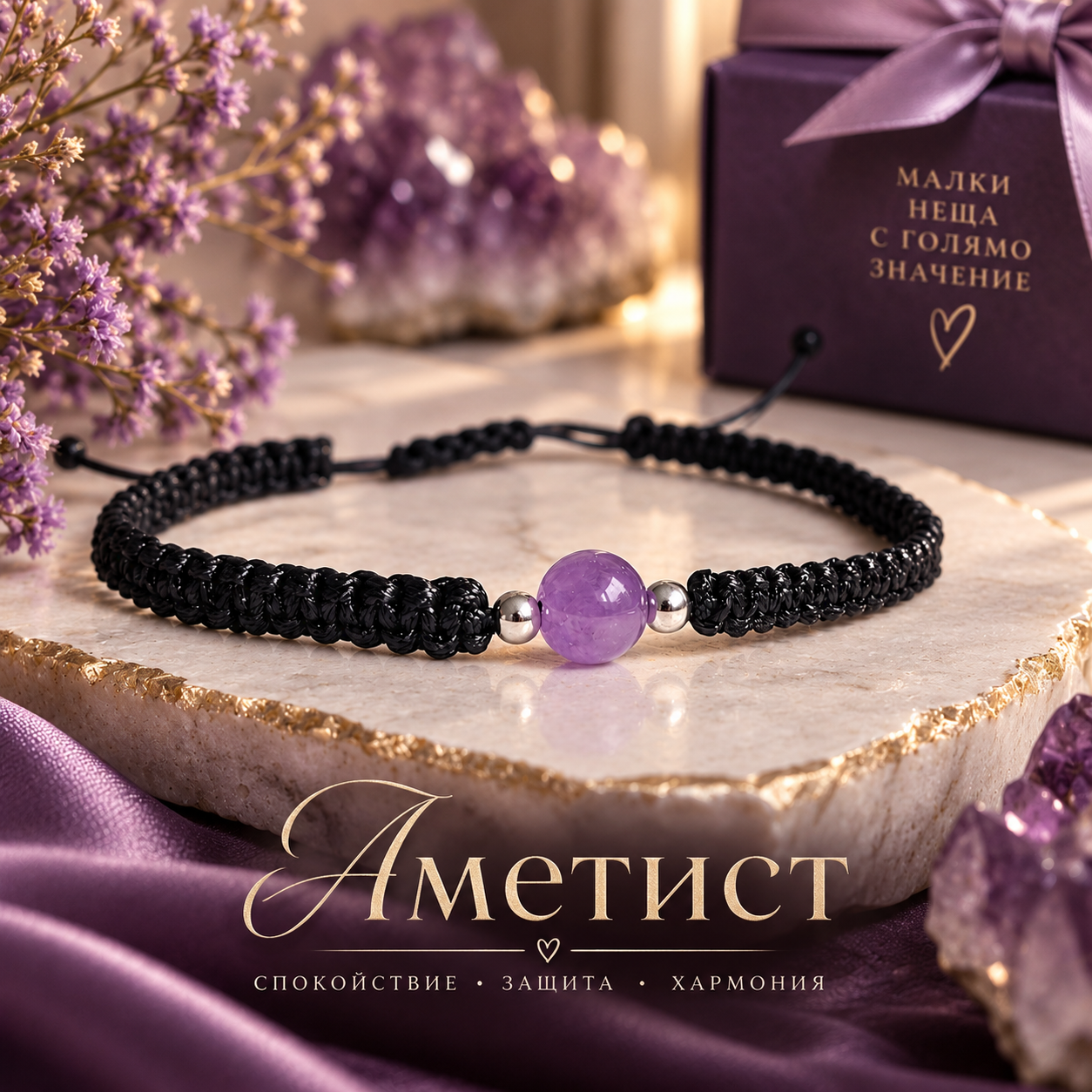 Ръчно изработена гривна с естествен аметист и сребро 925
