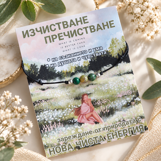 Гривна с камъни за пречистване и изчистване на негативна енергия, гривна с черен конец сребро и рубин зоисит, малахит и унакит