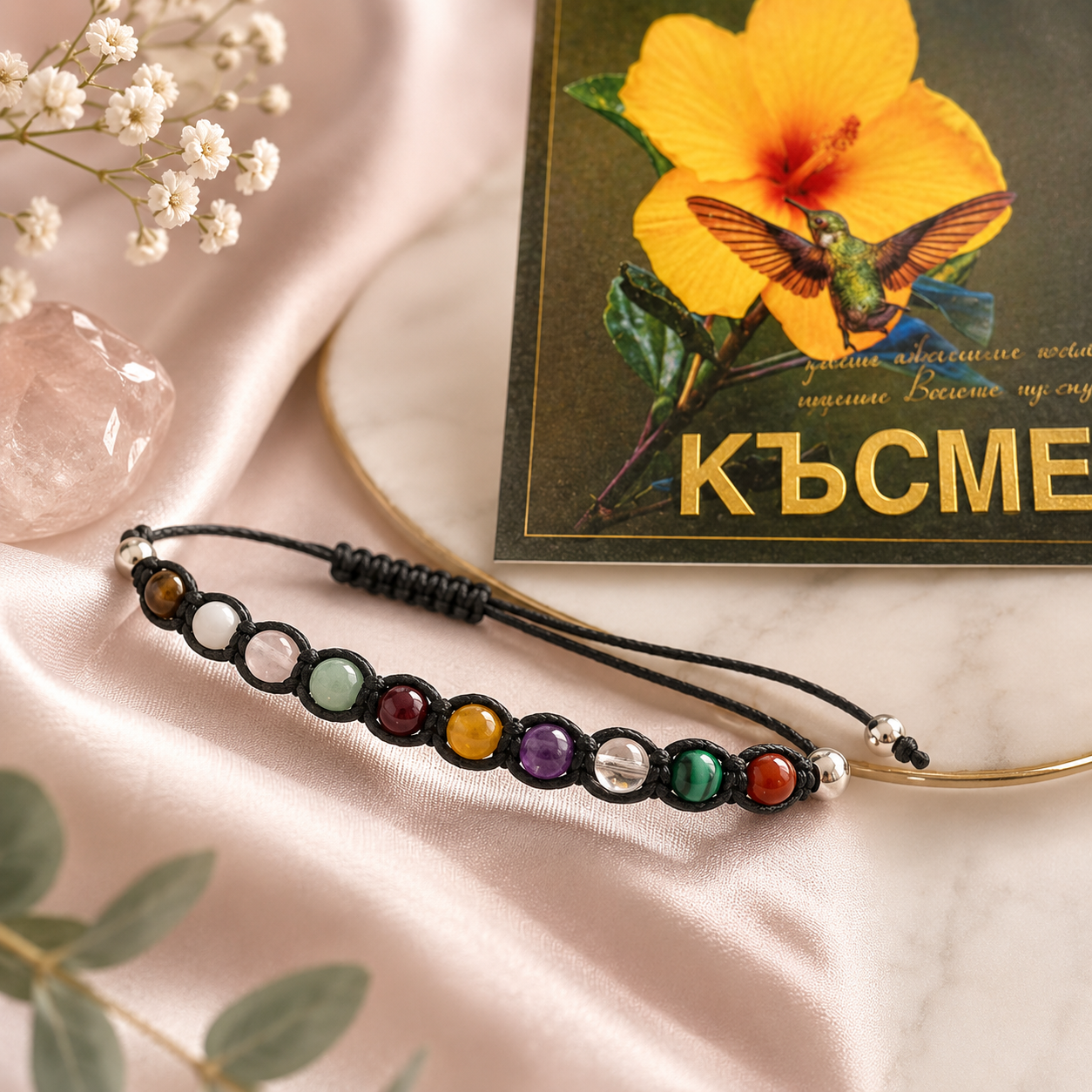 Дамска и мъжка гривна за късмет с естествени камъни и черен конец 