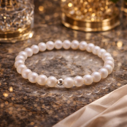 Гривна с перли Сваровски и сребро, луксозен подарък за жена, бяла гривна с перли