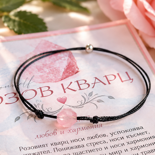 Гривна с розов кварц и сребро 925 черен конец 