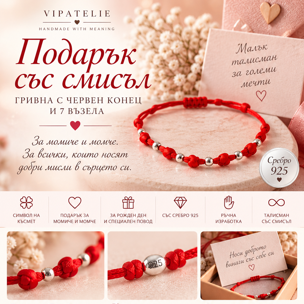 Гривна за късмет с 7 възела и сребърни мъниста 925