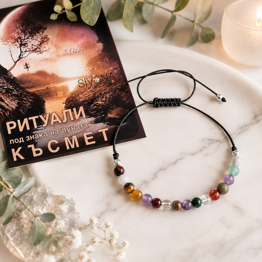 Гривна с естествени камъни за късмет и черен конец Zen Aza