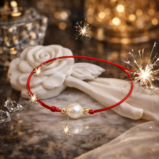 Луксозен подарък за жена, гривна с червен конец и естествена перла и злато 14К 