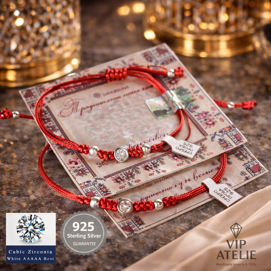 Луксозни гривни  червен конец и циркон и сребро 825 подарък за майка и дъщеря, подаръци за мама и бебе. Бижута с червен конец 