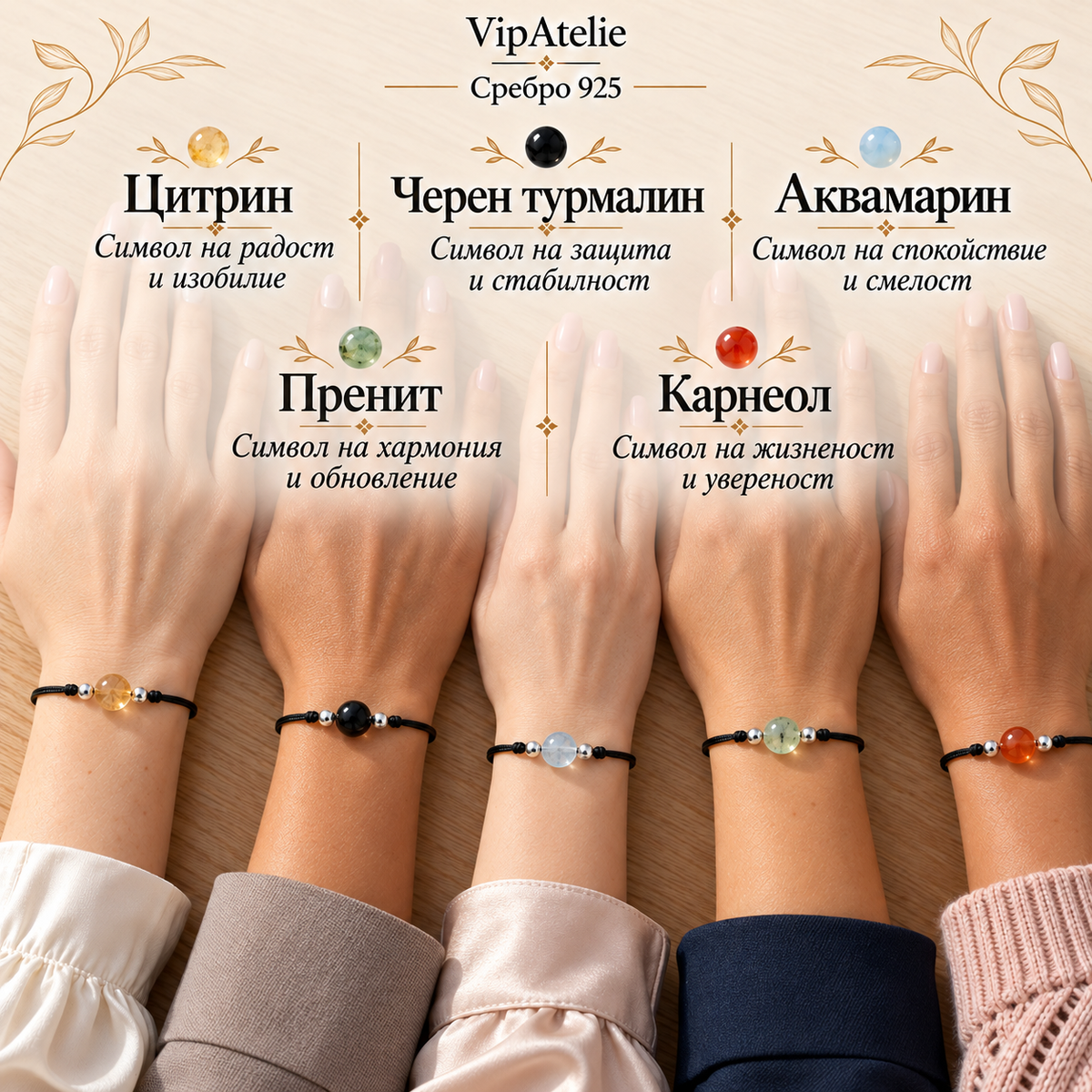 Комплект гривни с цитрин турмалин аквамарин пренит и карнеол с пет картички за камъните