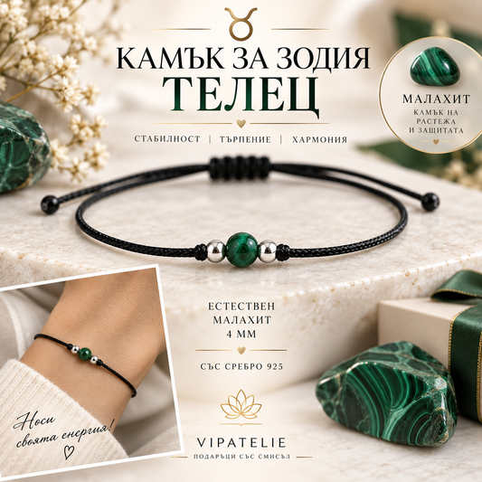 Камък за зодия Телец астрална гривна с малахит. Зодиакална гривна Телец с камък малахит 