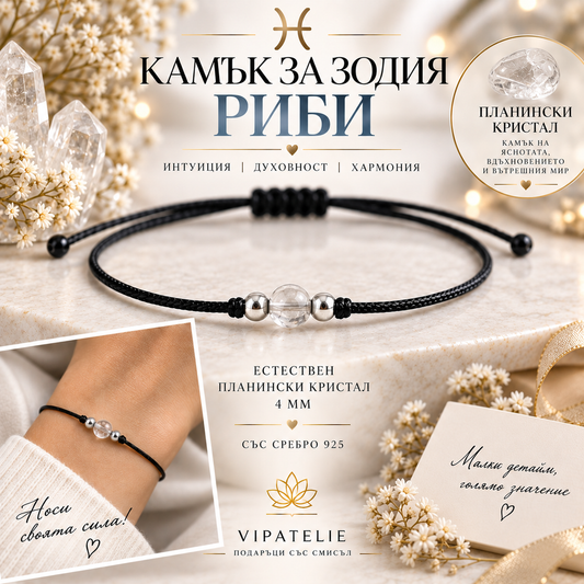 Камък за зодия Риби астрална гривна с планински кристал · Гривна за зодия Риби с естествен планински кристал и сребро 925 · Зодиакална гривна Риби с планински кристал 4 мм