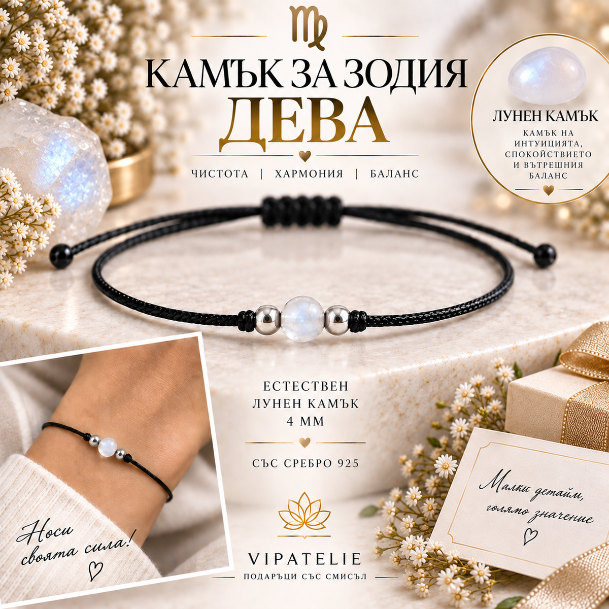 Камък за зодия Дева астрална гривна с лунен камък · Гривна за зодия Дева с естествен лунен камък и сребро 925 · Зодиакална гривна Дева с лунен камък 4 мм