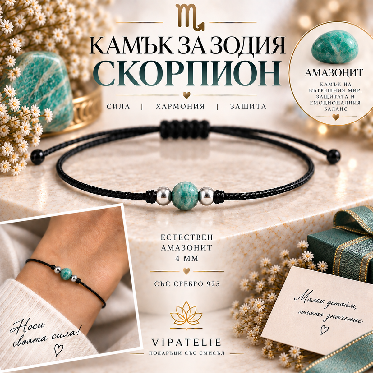 Камък за зодия Скорпион астрална гривна с амазонит · Гривна за зодия Скорпион с естествен амазонит и сребро 925 · Зодиакална гривна Скорпион с амазонит 4 мм