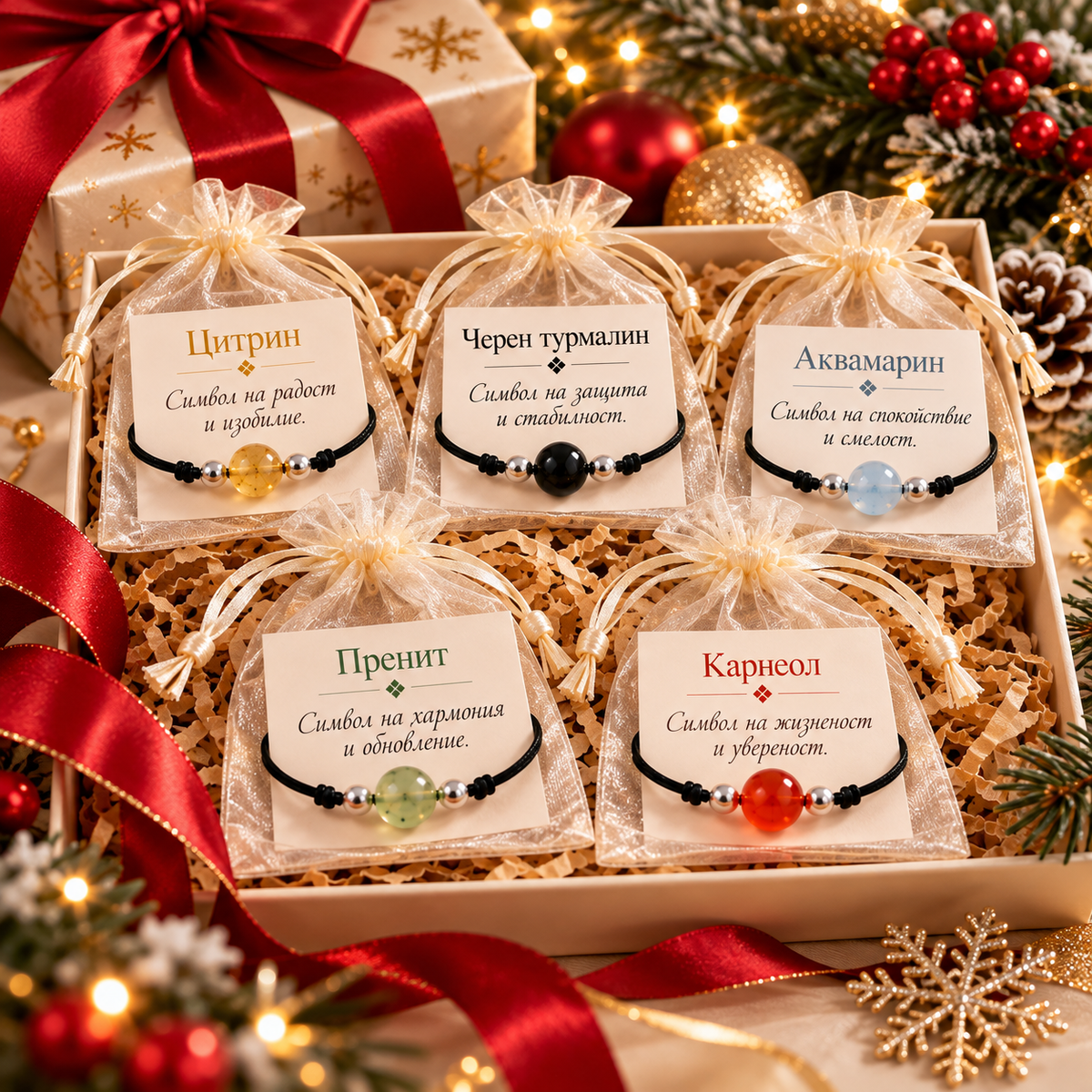 Коледни подаръци за жени комплект 5 гривни с естествени камъни и сребро 925