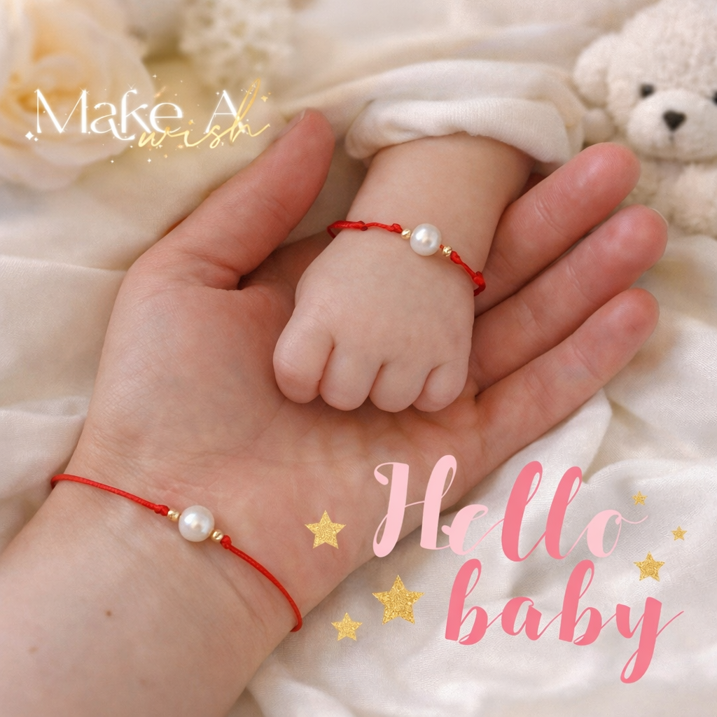 Две гривни комплект за мама и бебе, луксозен подарък за майка и новородено червен конец злато и перли Сваровски 