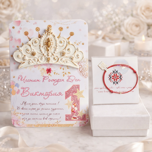 Подарък за бебе 1 годинка, персонализирана картичка и златна гривна с червен конец 