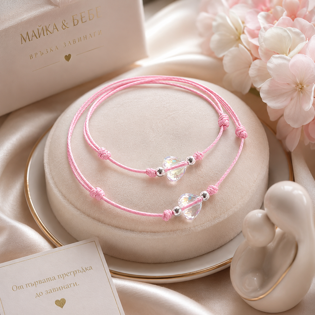 Подаръци за Мама и Бебе/ Дете Комплект Две Гривни Swarovski Сърца "Amena Ava"