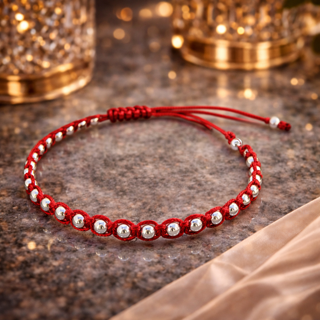 Луксозна сребърна Гривна с червен конец. Талисман за здраве късмет и защита, сребро 925