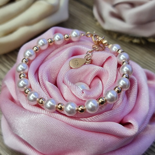 Луксозна Бебешка Или Детска Гривна с Перли Swarovski  и Сребро 925 в Розово Злато
